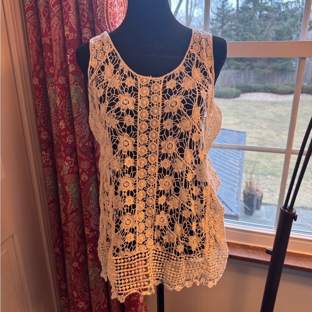 Papaya Cream Crochet Lace Shirt  M/L Boho Festival Sheer Cotton